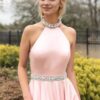 A-line/Princess High-Neck Sleeveless Sweep Train Satin Prom Dresses With Waistband Beading