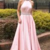 A-line/Princess High-Neck Sleeveless Sweep Train Satin Prom Dresses With Waistband Beading