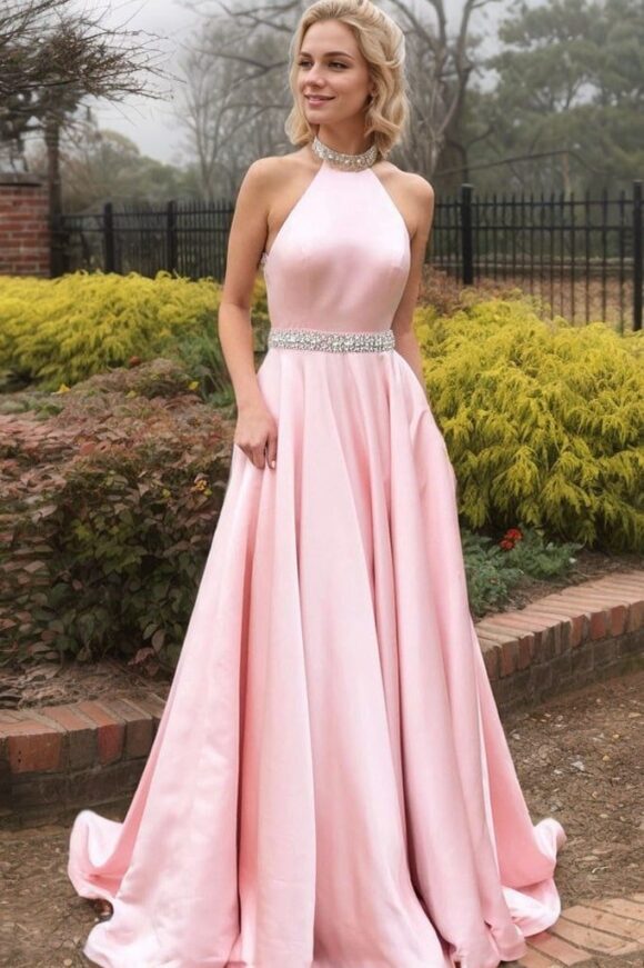 A-line/Princess High-Neck Sleeveless Sweep Train Satin Prom Dresses With Waistband Beading A-line/Princess High-Neck Sleeveless Sweep Train Satin Prom Dresses With Waistband Beading