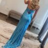 Mermaid V Neck Cutout Blue Long Prom Dresses