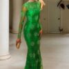 Trumpet/Mermaid High Neck Long Sleeves Applique Sweep/Brush Train Satin Prom Dresses