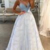 A-line Princess Sweetheart Sleeveless Tulle Satin Sweep Train Prom Dresses With Glitter