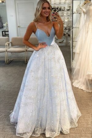A-line Princess Sweetheart Sleeveless Tulle Satin Sweep Train Prom Dresses With Glitter