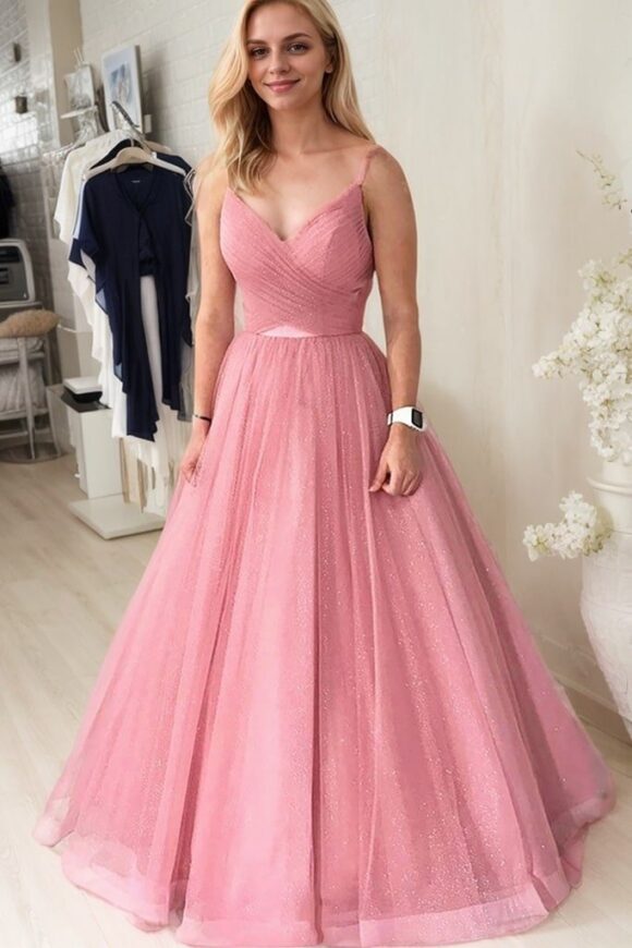 Ball Gown Long/Floor-Length Sparkling Tulle Prom Dresses With Pleated Ball Gown Long/Floor-Length Sparkling Tulle Prom Dresses With Pleated