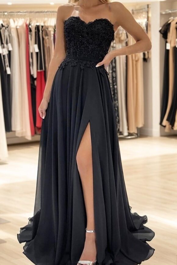 A-line Sweetheart Sweep Train Chiffon Prom Dresses With Lace Beading Split A-line Sweetheart Sweep Train Chiffon Prom Dresses With Lace Beading Split