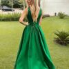 A-line V Neck Sleeveless Long/Floor-Length Satin Prom Dresses With Pleated