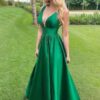 A-line V Neck Sleeveless Long/Floor-Length Satin Prom Dresses With Pleated