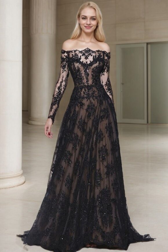 A-Line/Princess Off-the-Shoulder Long Sleeves Lace Sweep/Brush Train Prom Dresses A-Line/Princess Off-the-Shoulder Long Sleeves Lace Sweep/Brush Train Prom Dresses