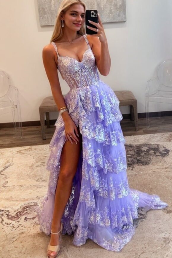 A Line Off the Shoulder Corset Prom Dresses with Lace Ruffles A Line Off the Shoulder Corset Prom Dresses with Lace Ruffles