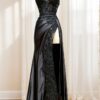 Sheath/Column Black Long Prom Dress Lace V Neck Formal Dresses High split