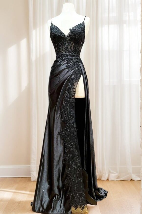 Sheath/Column Black Long Prom Dress Lace V Neck Formal Dresses High split Sheath/Column Black Long Prom Dress Lace V Neck Formal Dresses High split