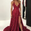 A-Line Spaghetti Straps Floor-Length Burgundy Prom Dresses with Appliques Evening Dresses Party Dresses