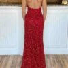 Sheath/Column V Neck Sleeveless Court Train Velvet Sequins Prom Dresses With Split