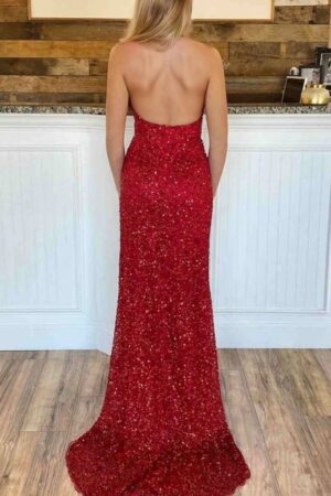 Sheath/Column V Neck Sleeveless Court Train Velvet Sequins Prom Dresses With Split