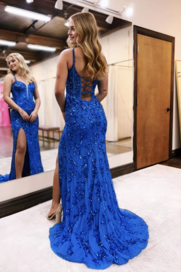 Sheath/Column Straps Sweep Train Lace Prom Dresses With Leg Slit Sheath/Column Straps Sweep Train Lace Prom Dresses With Leg Slit