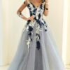 Tulle Long/Floor-Length A-Line/Princess Full/Long Sleeve V-Neck Zipper Evening Dress With Appliqued