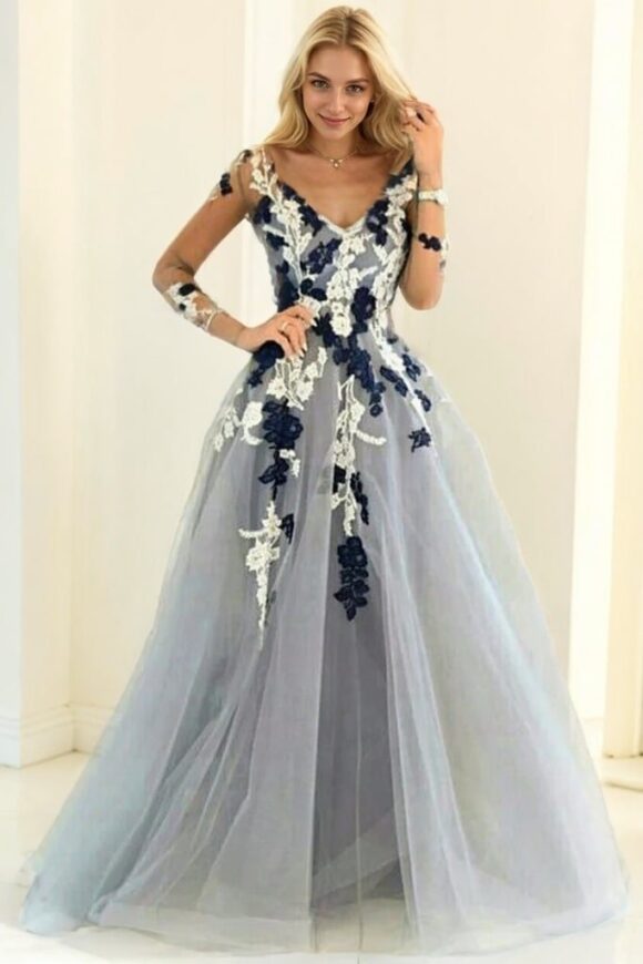 Tulle Long/Floor-Length A-Line/Princess Full/Long Sleeve V-Neck Zipper Evening Dress With Appliqued Tulle Long/Floor-Length A-Line/Princess Full/Long Sleeve V-Neck Zipper Evening Dress With Appliqued