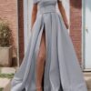 A-line Off-the-Shoulder Sleeveless Long/Floor-Length Satin Prom Dresses With Split