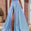 A-line Off-the-Shoulder Sleeveless Long/Floor-Length Satin Prom Dresses With Split