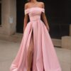 A-line Off-the-Shoulder Sleeveless Long/Floor-Length Satin Prom Dresses With Split