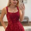 A-line Square Neckline Sleeveless Sweep Train Velvet Sequins Prom Dresses with Pockets