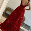 A-line Square Neckline Sleeveless Sweep Train Velvet Sequins Prom Dresses with Pockets