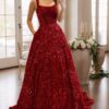 A-line Square Neckline Sleeveless Sweep Train Velvet Sequins Prom Dresses with Pockets