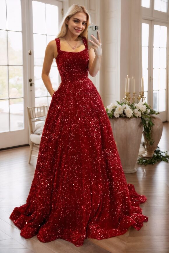 A-line Square Neckline Sleeveless Sweep Train Velvet Sequins Prom Dresses with Pockets A-line Square Neckline Sleeveless Sweep Train Velvet Sequins Prom Dresses with Pockets