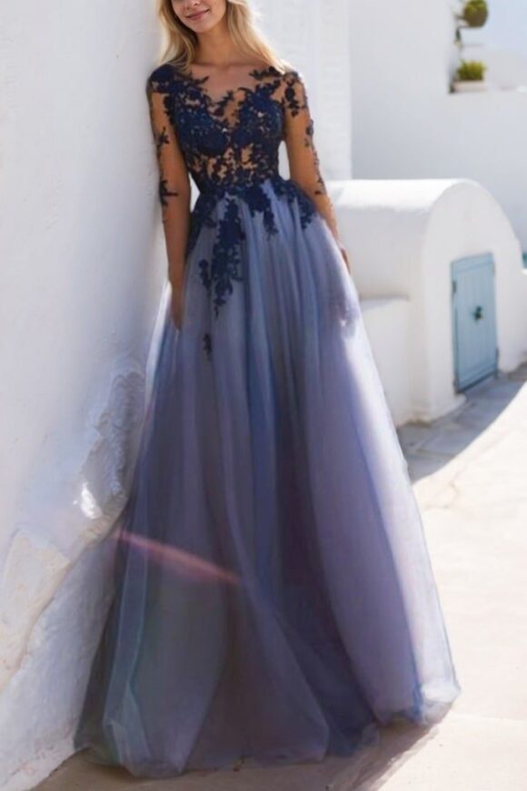 A-Line Scoop Long Sleeves Floor-Length With Applique Tulle Prom Dresses A-Line Scoop Long Sleeves Floor-Length With Applique Tulle Prom Dresses