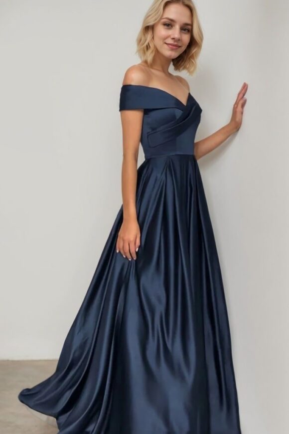 A-line/Princess Off-the-Shoulder Sleeveless Sweep Train Satin Prom Dresses With Pleated A-line/Princess Off-the-Shoulder Sleeveless Sweep Train Satin Prom Dresses With Pleated