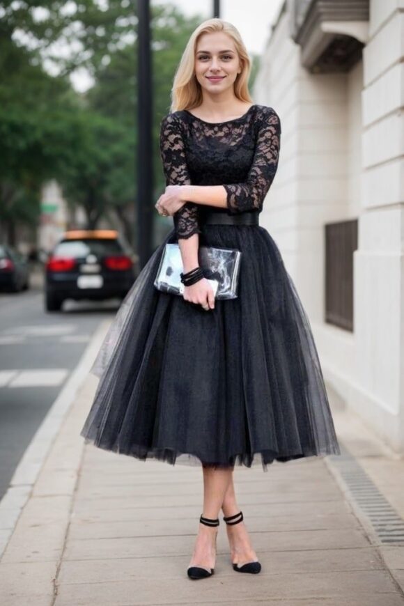 Tulle Tea-Length A-Line/Princess 3/4 Sleeve Bateau Zipper Prom Dresses With Appliqued Tulle Tea-Length A-Line/Princess 3/4 Sleeve Bateau Zipper Prom Dresses With Appliqued