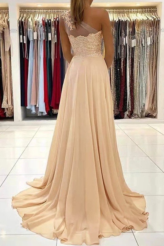 A-line One-Shoulder Sleeveless Chiffon Sweep Train Prom Dress With Appliqued Beading A-line One-Shoulder Sleeveless Chiffon Sweep Train Prom Dress With Appliqued Beading