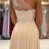 A-line One-Shoulder Sleeveless Chiffon Sweep Train Prom Dress With Appliqued Beading