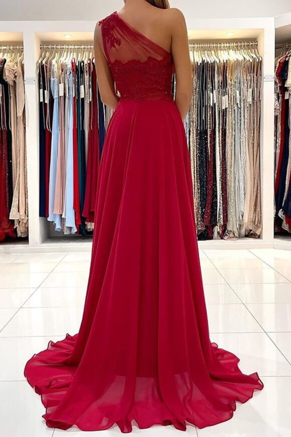 A-line One-Shoulder Sleeveless Chiffon Sweep Train Prom Dress With Appliqued Beading A-line One-Shoulder Sleeveless Chiffon Sweep Train Prom Dress With Appliqued Beading