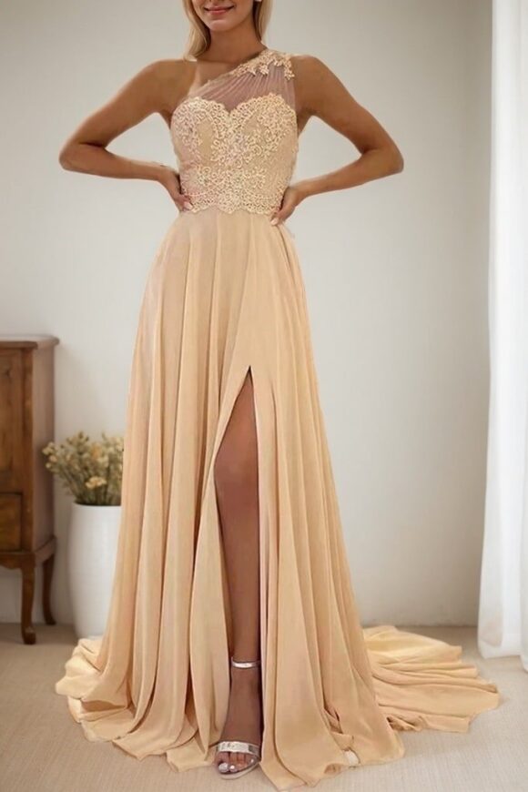 A-line One-Shoulder Sleeveless Chiffon Sweep Train Prom Dress With Appliqued Beading A-line One-Shoulder Sleeveless Chiffon Sweep Train Prom Dress With Appliqued Beading