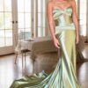 Sheath/Column Elastic Woven Satin Ruched Off-the-Shoulder Straps Sleeveless Sweep/Brush Train Prom Dresses