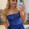 A-line Bateau Strapless Long/Floor-Length Lace Prom Dresses With Pockets Special Occasion Dresses