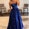 A-line Bateau Strapless Long/Floor-Length Lace Prom Dresses With Pockets Special Occasion Dresses