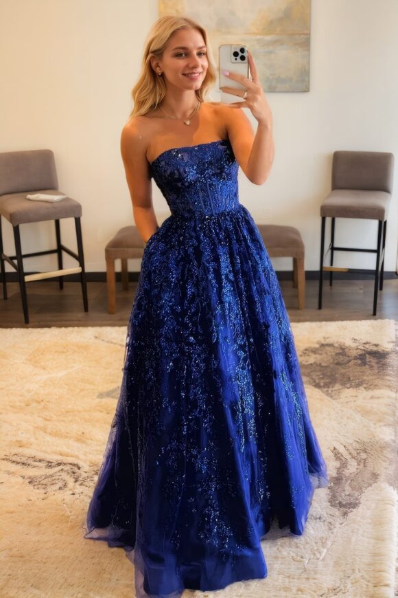 A-line Bateau Strapless Long/Floor-Length Lace Prom Dresses With Pockets Special Occasion Dresses A-line Bateau Strapless Long/Floor-Length Lace Prom Dresses With Pockets Special Occasion Dresses