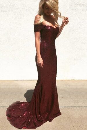 Sheath/Column Sweep/Brush Train Off-the-Shoulder Sleeveless Sequins Ruched Dresses
