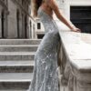 Trumpet/Mermaid V Neck Sleeveless Sweep Train Tulle Prom Dresses With Beading Appliqued