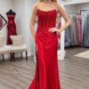Sheath/Column Elastic Woven Satin Ruched Off-the-Shoulder Sleeveless Sweep/Brush Train Prom Dresses