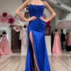 Sheath/Column Elastic Woven Satin Ruched Off-the-Shoulder Sleeveless Sweep/Brush Train Prom Dresses