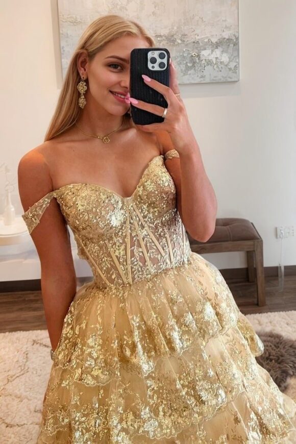A-Line/Princess Princess Off the Shoulder Sequined Lace Prom Dress A-Line/Princess Princess Off the Shoulder Sequined Lace Prom Dress