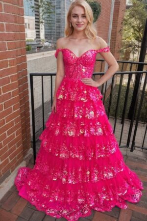 A-Line/Princess Princess Off the Shoulder Sequined Lace Prom Dress