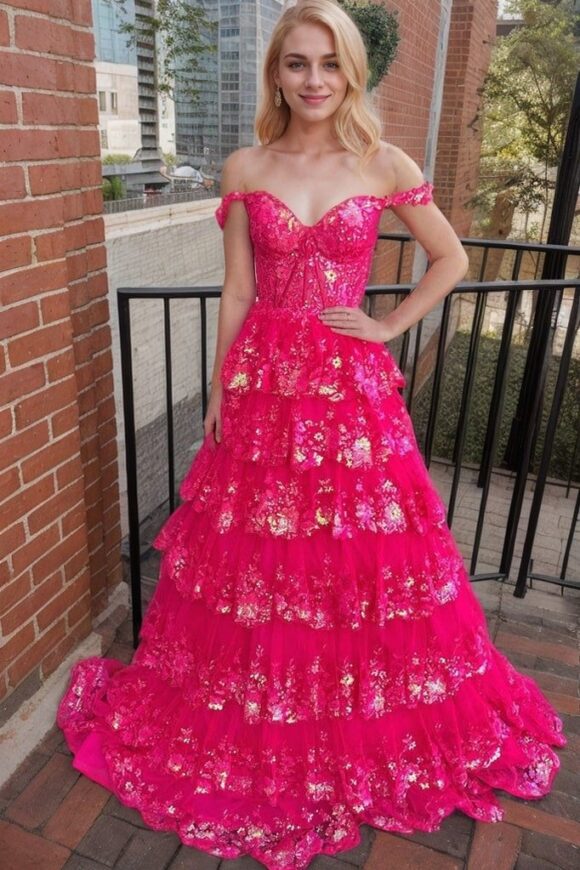 A-Line/Princess Princess Off the Shoulder Sequined Lace Prom Dress A-Line/Princess Princess Off the Shoulder Sequined Lace Prom Dress
