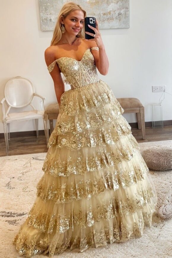 A-Line/Princess Princess Off the Shoulder Sequined Lace Prom Dress A-Line/Princess Princess Off the Shoulder Sequined Lace Prom Dress