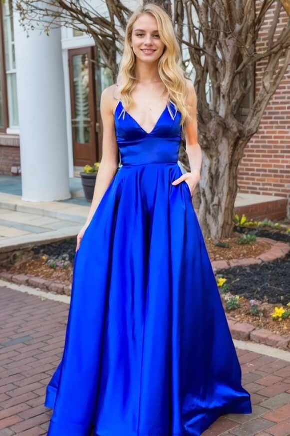 A-line V Neck Spaghetti Straps Sweep Train Charmeuse Prom Dresses With Pockets A-line V Neck Spaghetti Straps Sweep Train Charmeuse Prom Dresses With Pockets