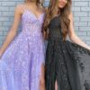 A-line V Neck Spaghetti Straps Long/Floor-Length Lace Prom Dress With Split