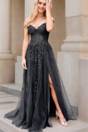 A-line V Neck Spaghetti Straps Long/Floor-Length Lace Prom Dress With Split